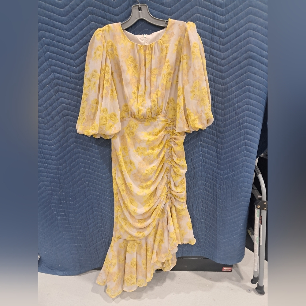 NWT ChicWish Yellow Blossom Drawstring Asymmetric Ruffle Midi Dress - Picture 3 of 7